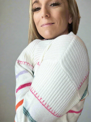 White Colorful Stripe Sweater