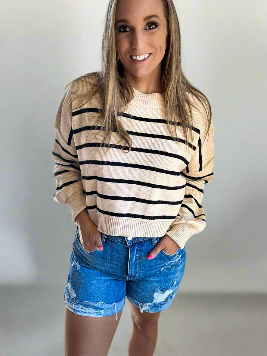 Autumn Breeze Black Stripe Crop Sweater
