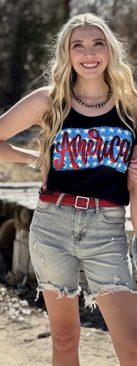 America on Stars in Red Metallic Puff Tank