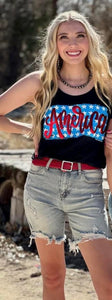 America on Stars in Red Metallic Puff Tank