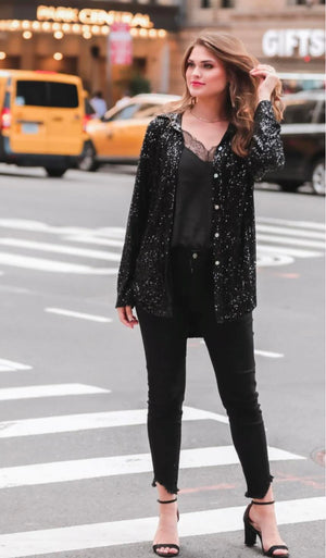Attention Seeker Sequin Button-Up Blouse- Black