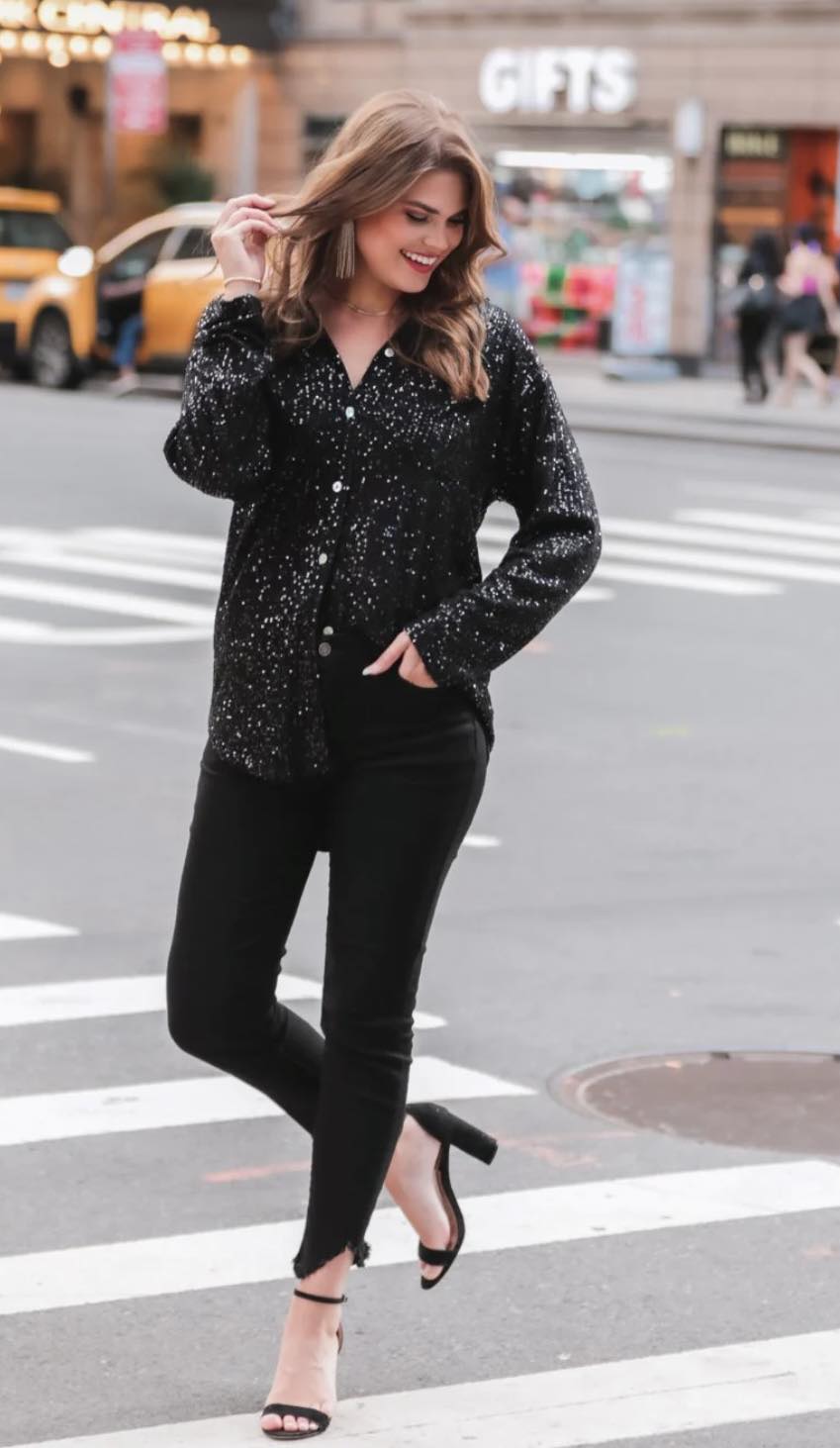 Attention Seeker Sequin Button-Up Blouse- Black