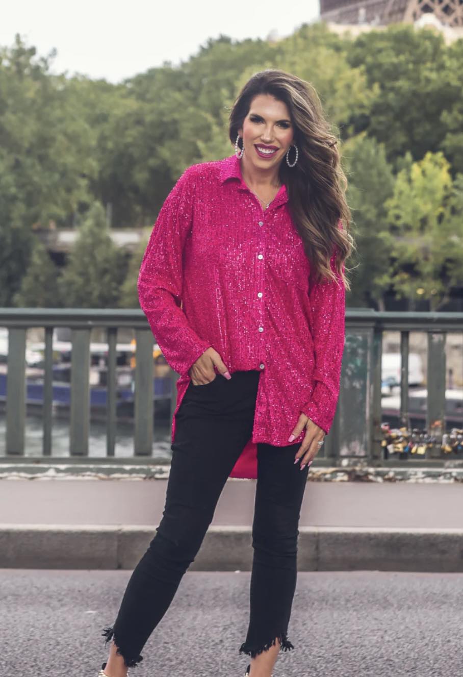Attention Seeker Sequin Button Up Blouse- Hot Pink