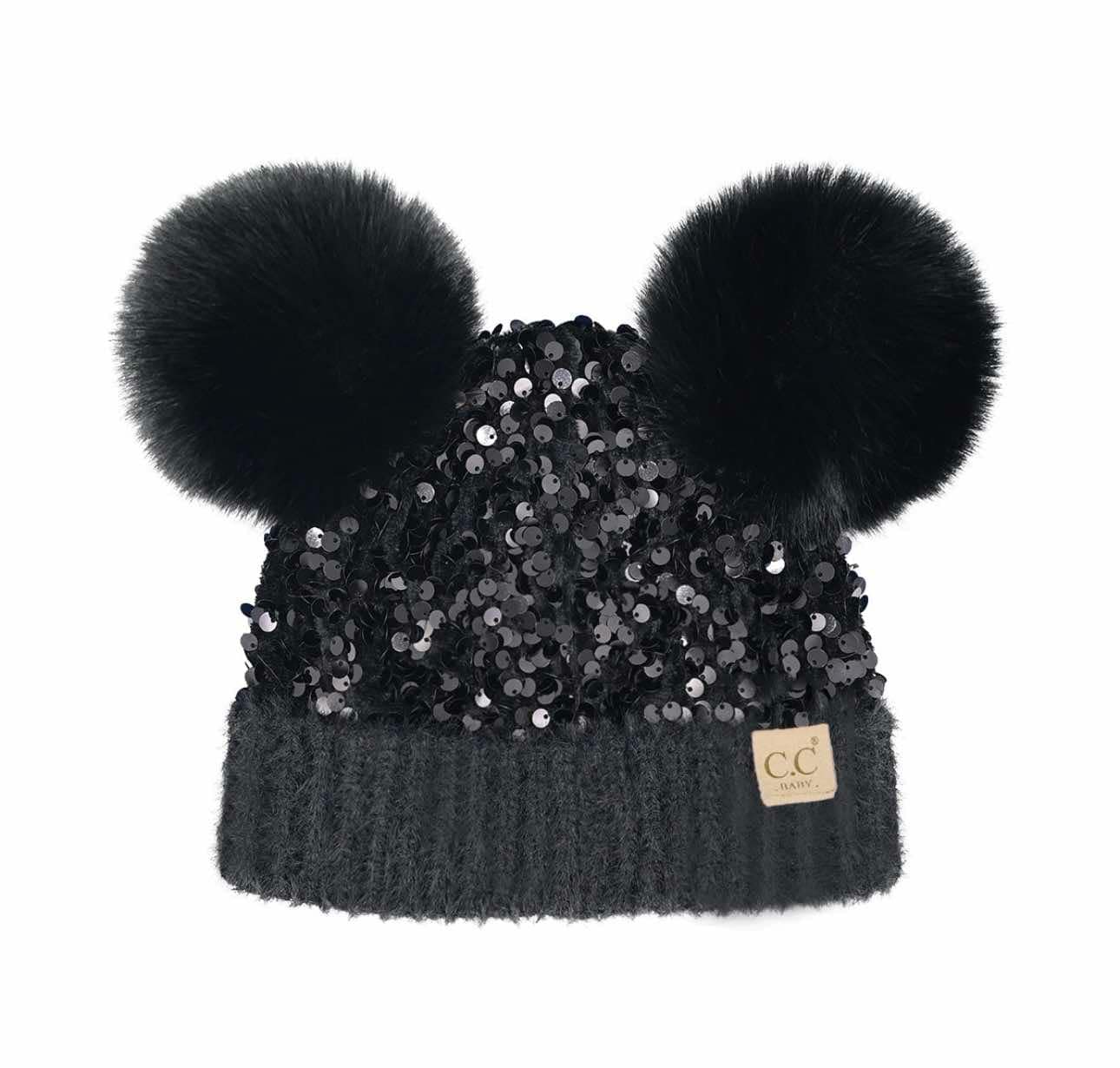 Baby Cluster Sequin Faux Fur Double Pom C.C. Beanie