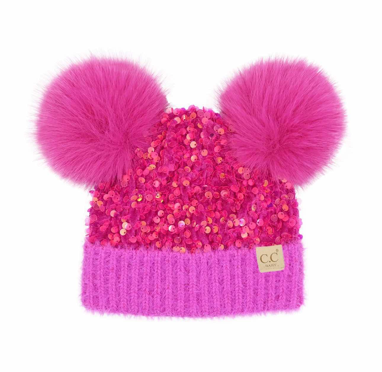 Baby Cluster Sequin Faux Fur Double Pom C.C. Beanie