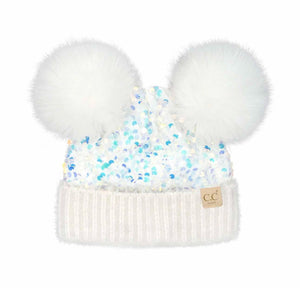 Baby Cluster Sequin Faux Fur Double Pom C.C. Beanie