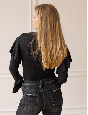 Black Shimmer Bodysuit with Ruffle Sleeve