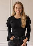 Black Shimmer Bodysuit with Ruffle Sleeve