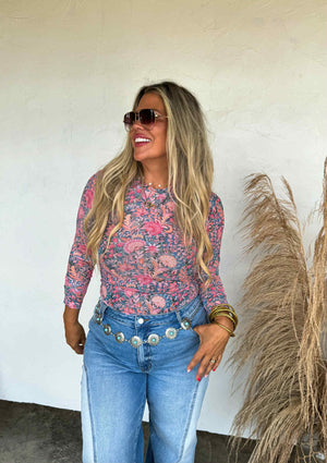 Boots & Blooms Mesh Tops - Bright Pink Floral
