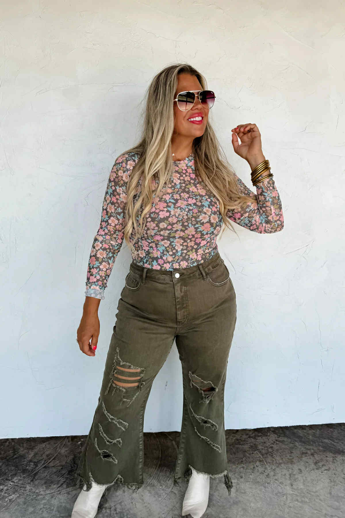 Boots & Blooms Mesh Top - Faded Blue Flower