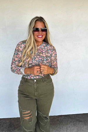 Boots & Blooms Mesh Top - Faded Blue Flower