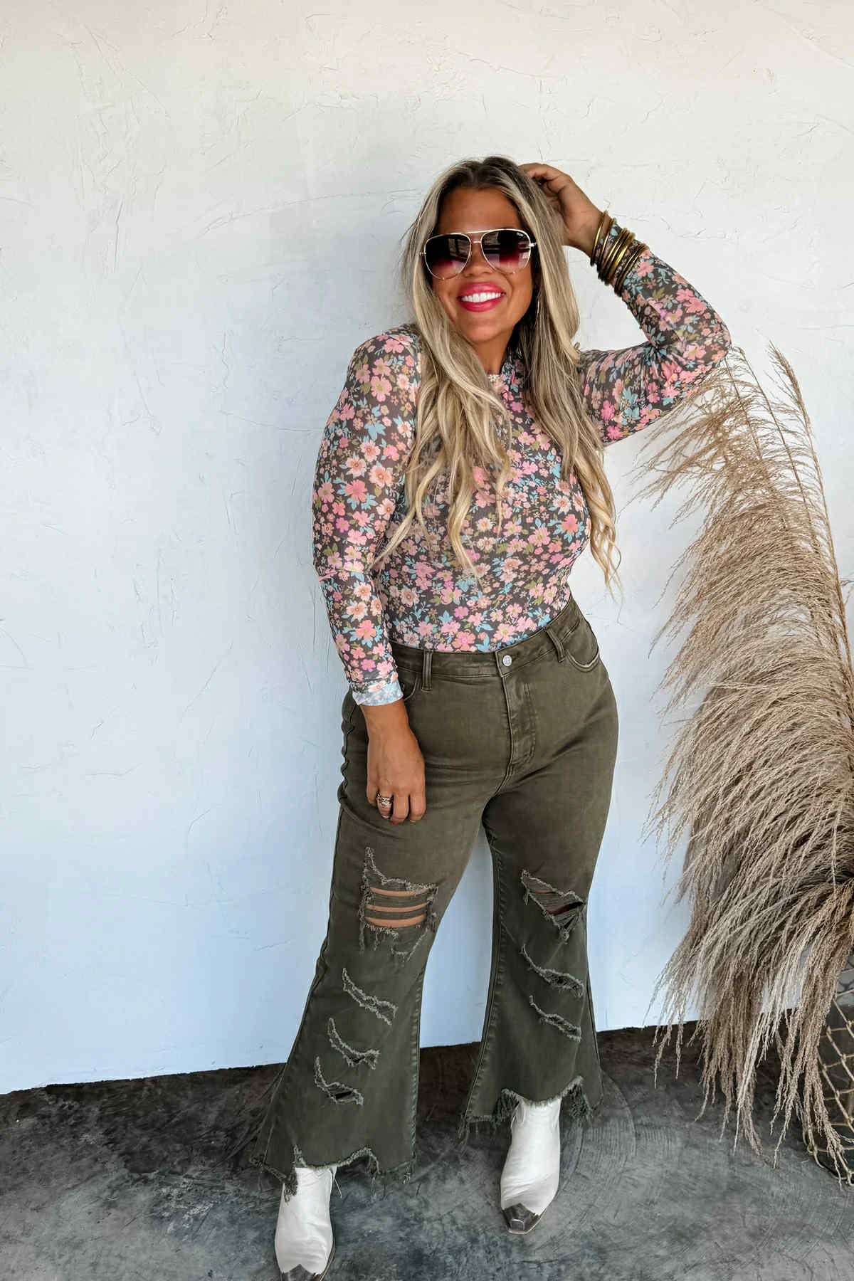 Boots & Blooms Mesh Top - Faded Blue Flower