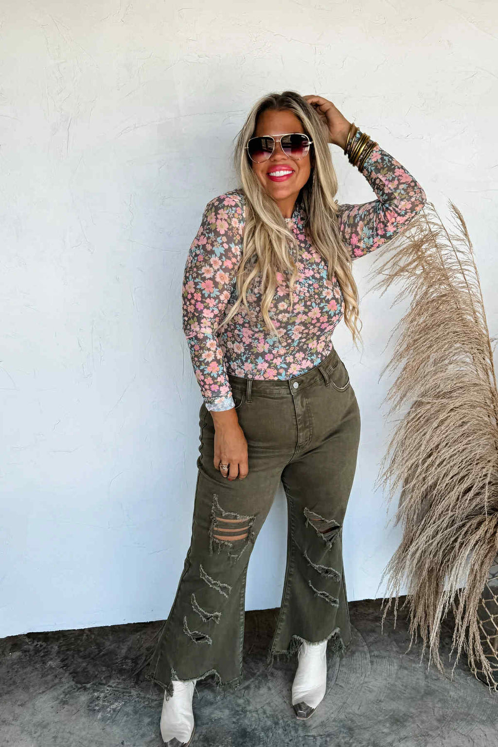 Boots & Blooms Mesh Top - Faded Blue Flower