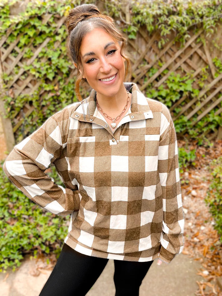 Brody Brushed Plaid Button-Up Pullover- Brown