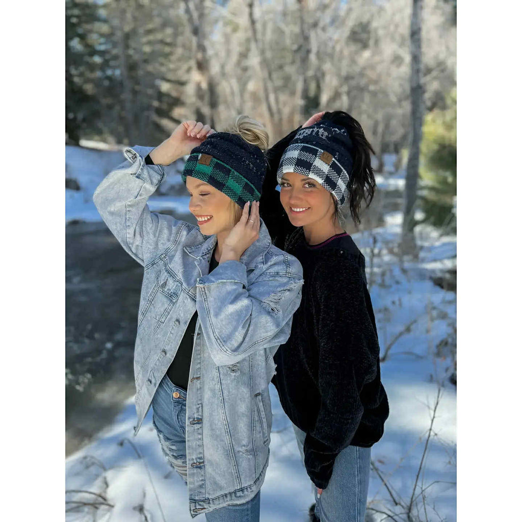 Buffalo Check C.C. Messy Bun Beanie