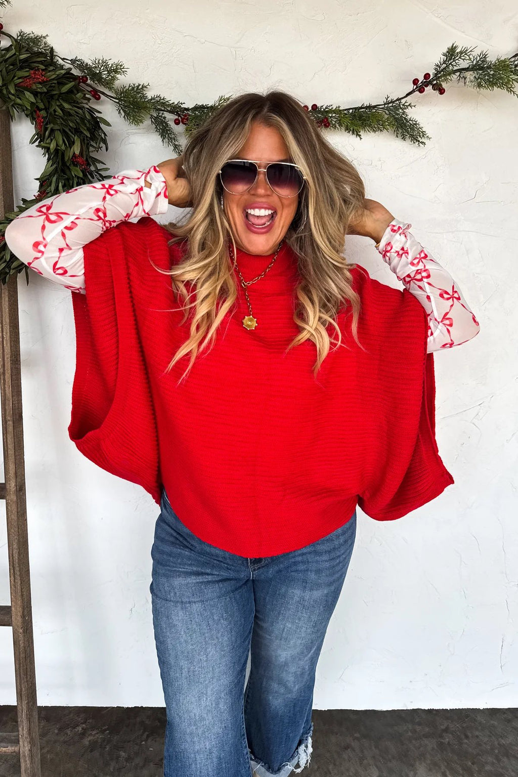 Christmas Meg Pullover Poncho- Red