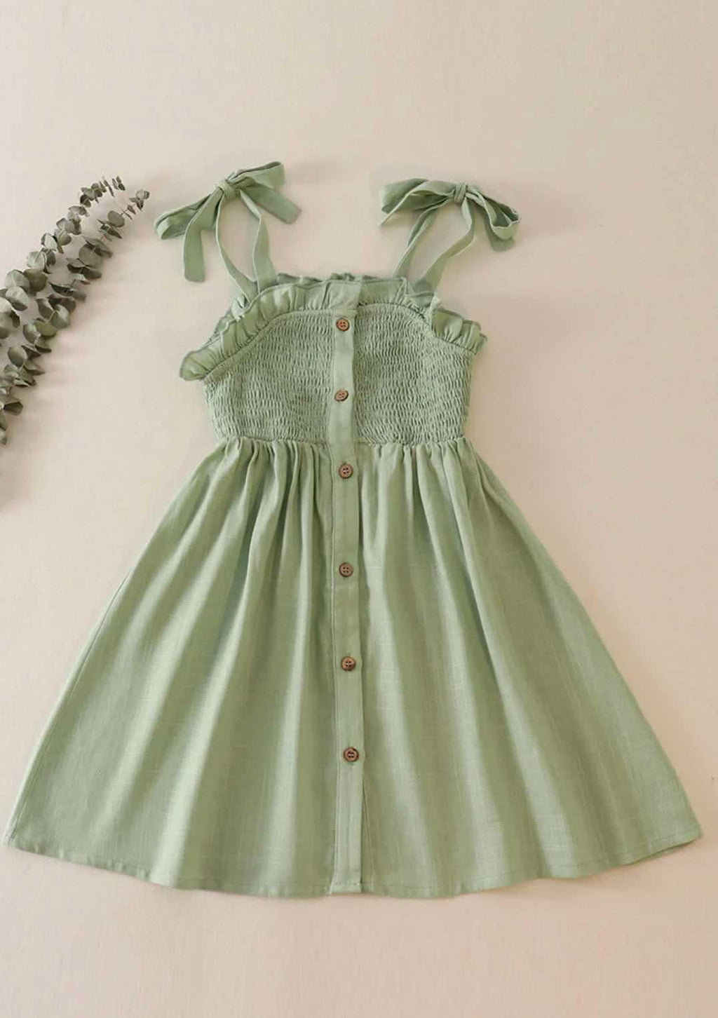 Girls Sage Linen Smocked Button Dress