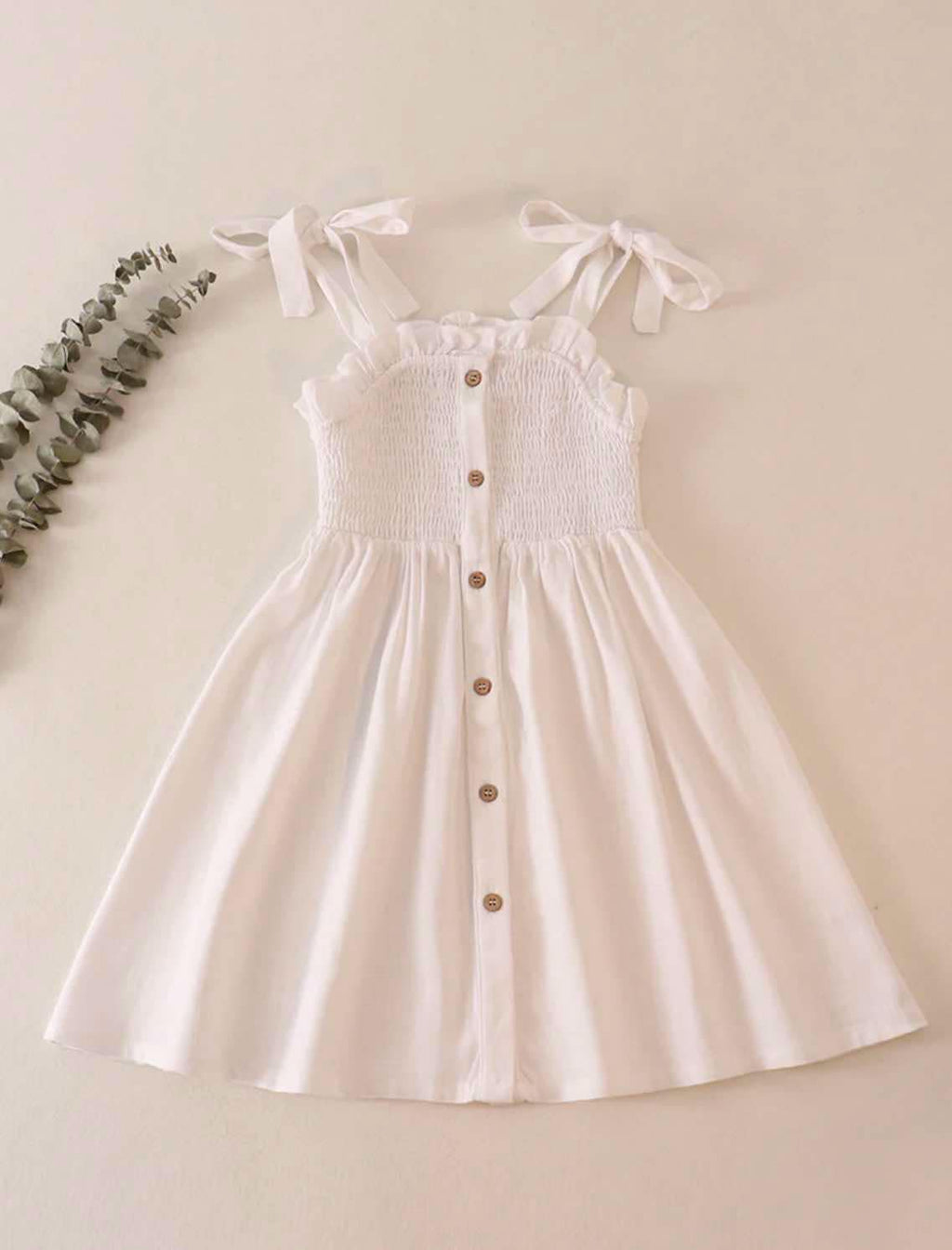 Girls White Linen Smocked Button Dress