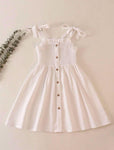 Girls White Linen Smocked Button Dress
