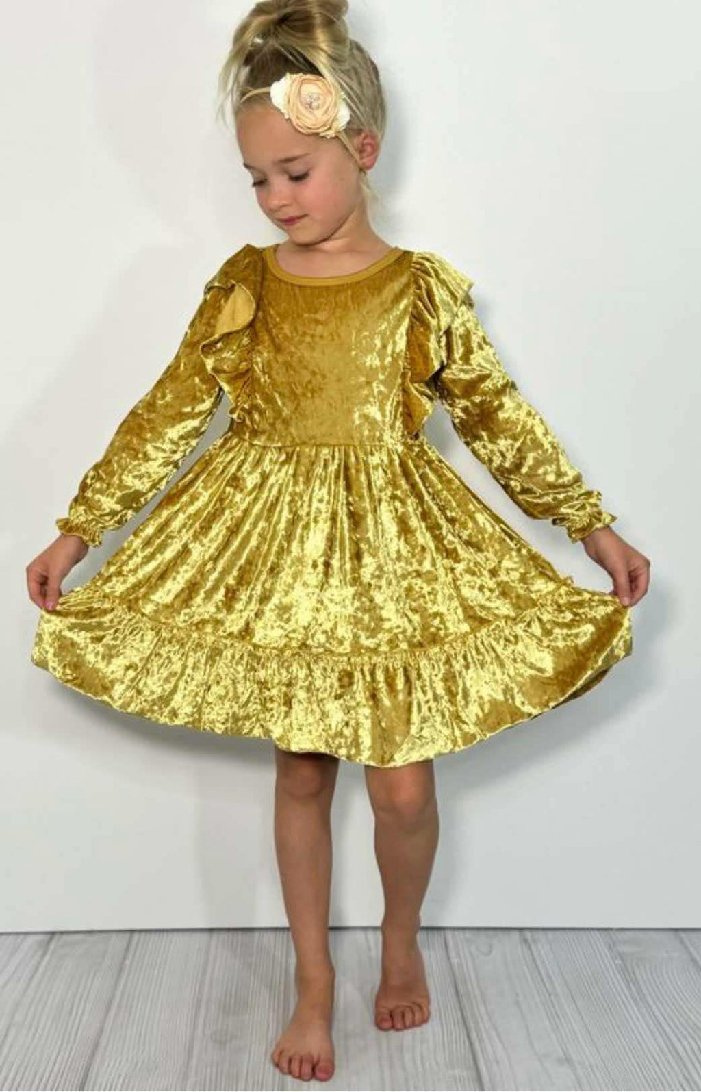 Golden Velvet Ruffle Girls Twirl Dress