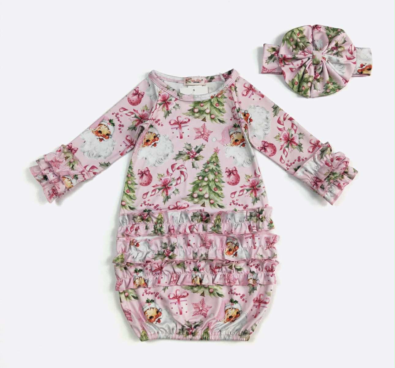 Pink Christmas Baby Gown w/ Matching Headband