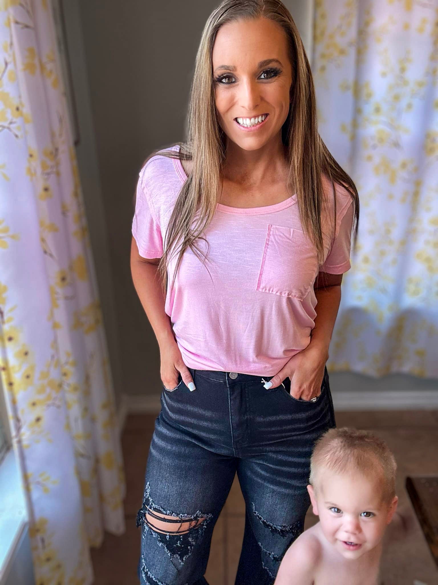 Riley Boyfriend Patch Pocket Tee- Pink