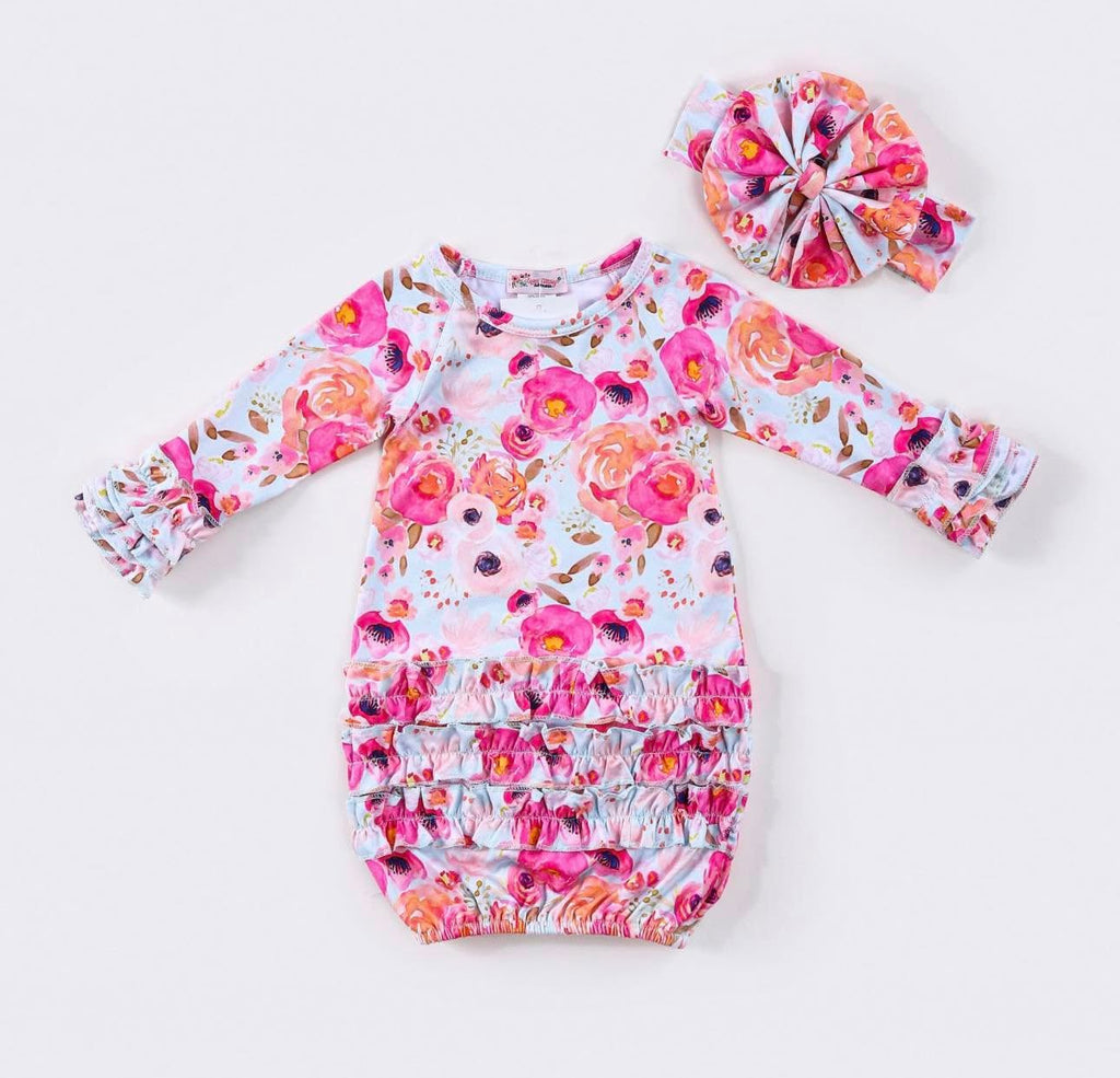 Sherbet Poppy Baby Gown with Matching Headband