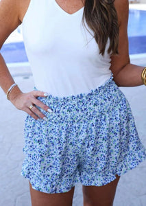 Sunny Strolls High Waisted Shorts- Blue Floral