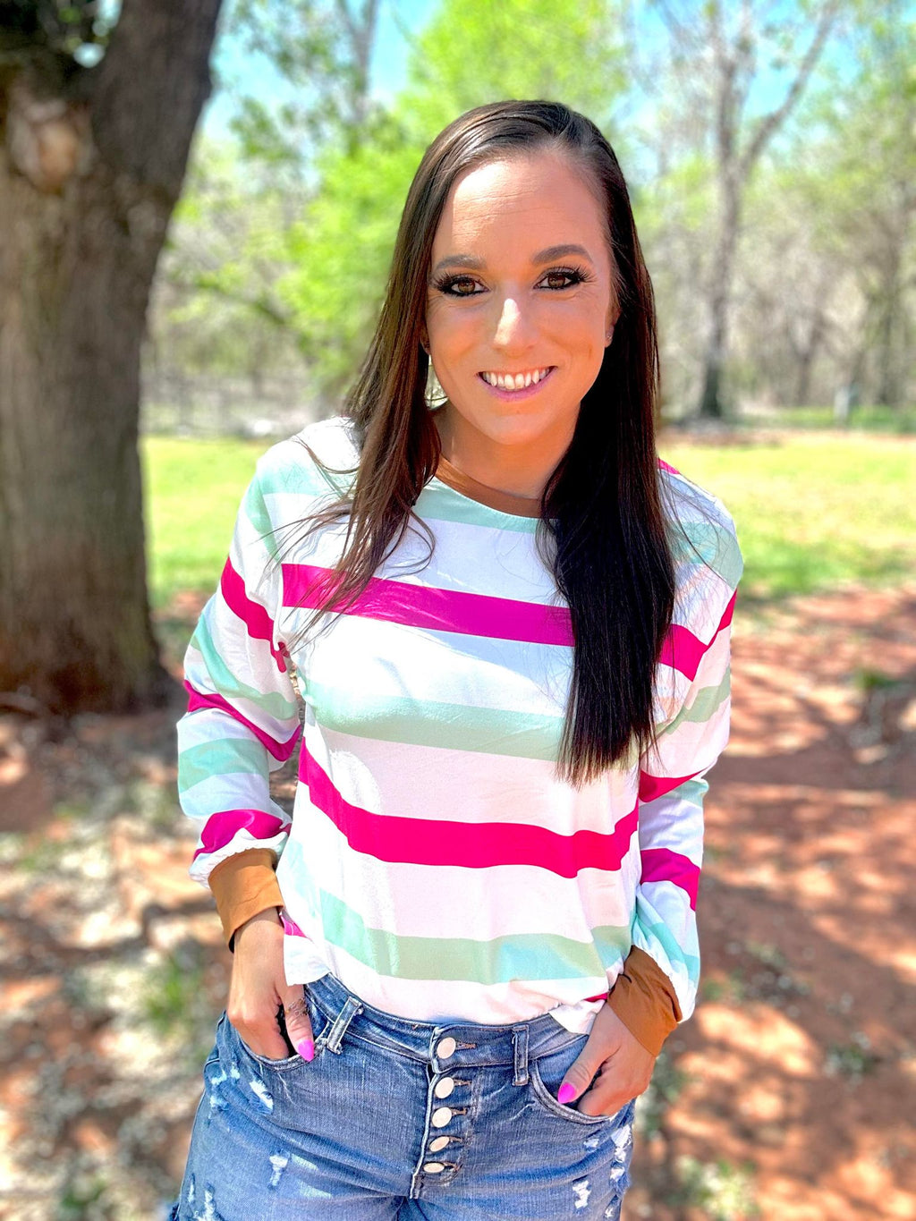 The Mimi Multi-Color Striped Bell Sleeve Top- Hot Pink