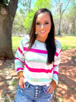 The Mimi Multi-Color Striped Bell Sleeve Top- Hot Pink