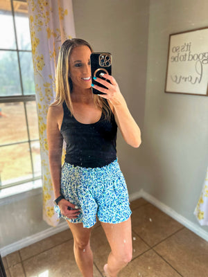 Sunny Strolls High Waisted Shorts- Blue Floral